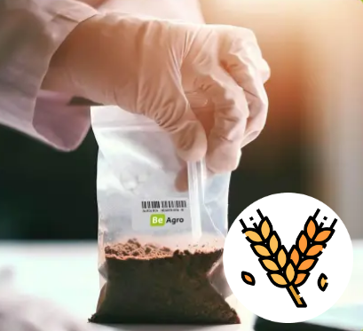 Próbka gleby w woreczku strunowym z logo BeAgro, trzymana przez osobę w rękawiczkach laboratoryjnych