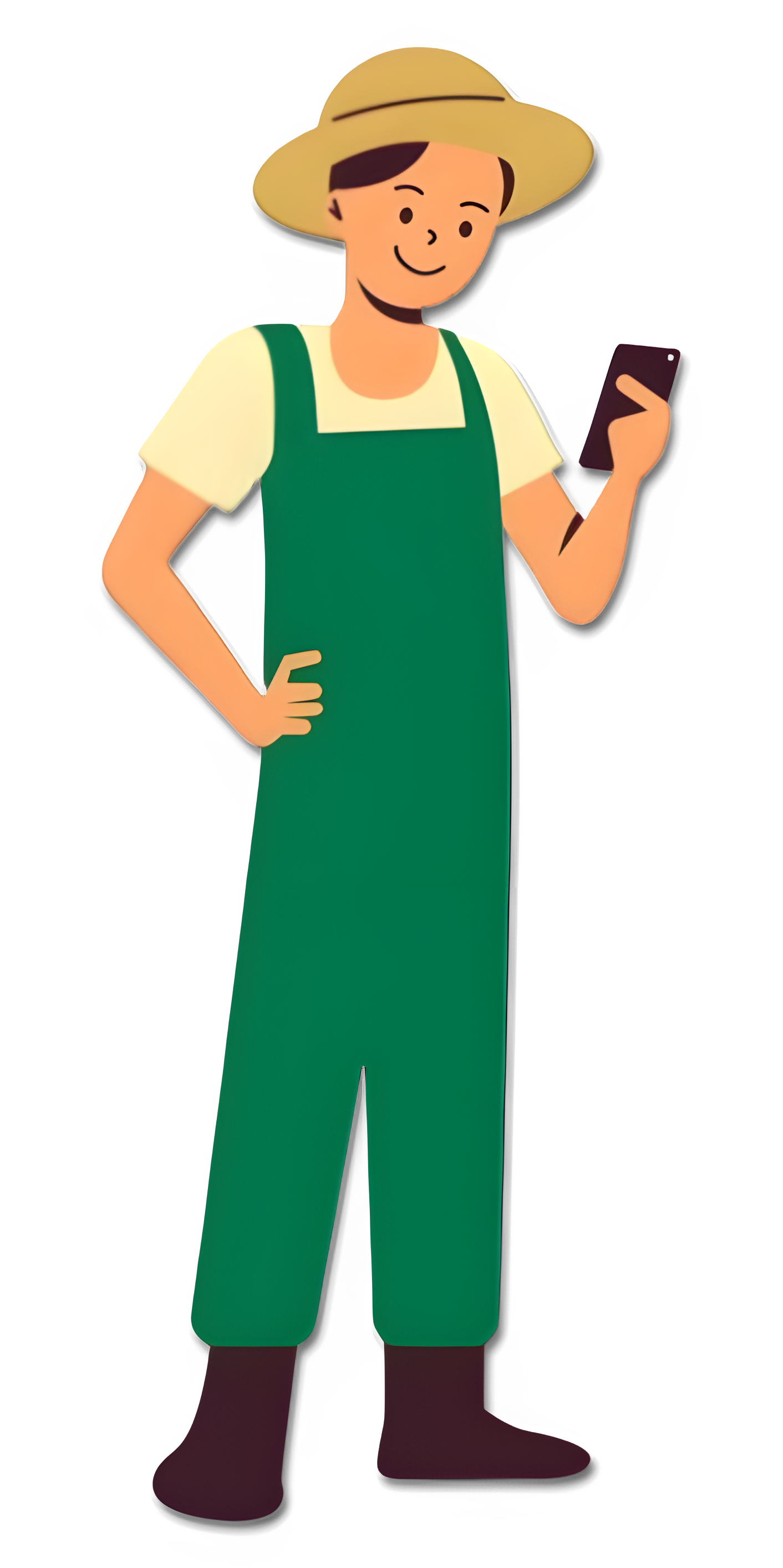 Ilustracja uśmiechniętego ogrodnika w zielonym kombinezonie i słomkowym kapeluszu, trzymającego smartfona.